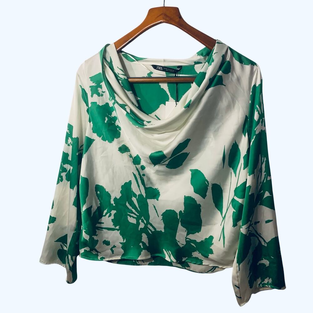 Zara Green & Off White Satin Printed Flowy Cowl Neckline Top XS